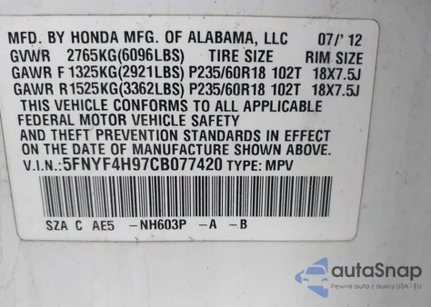 2012 Honda Pilot Touring z USA, uszkodzony, nr VIN 5FNYF4H97CB077420